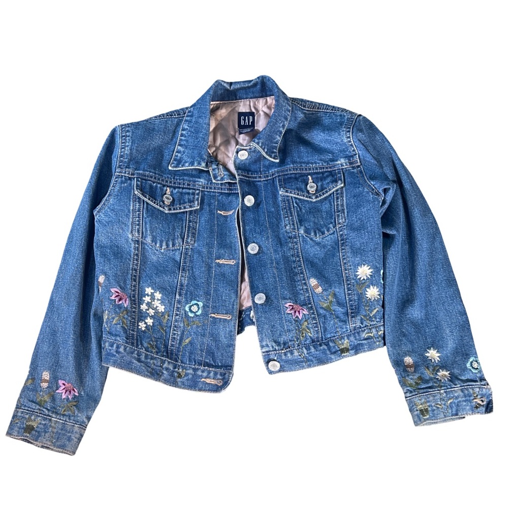 GAP Girls Floral Embroidered Jean Jacket Size Large Cottagecore Denim